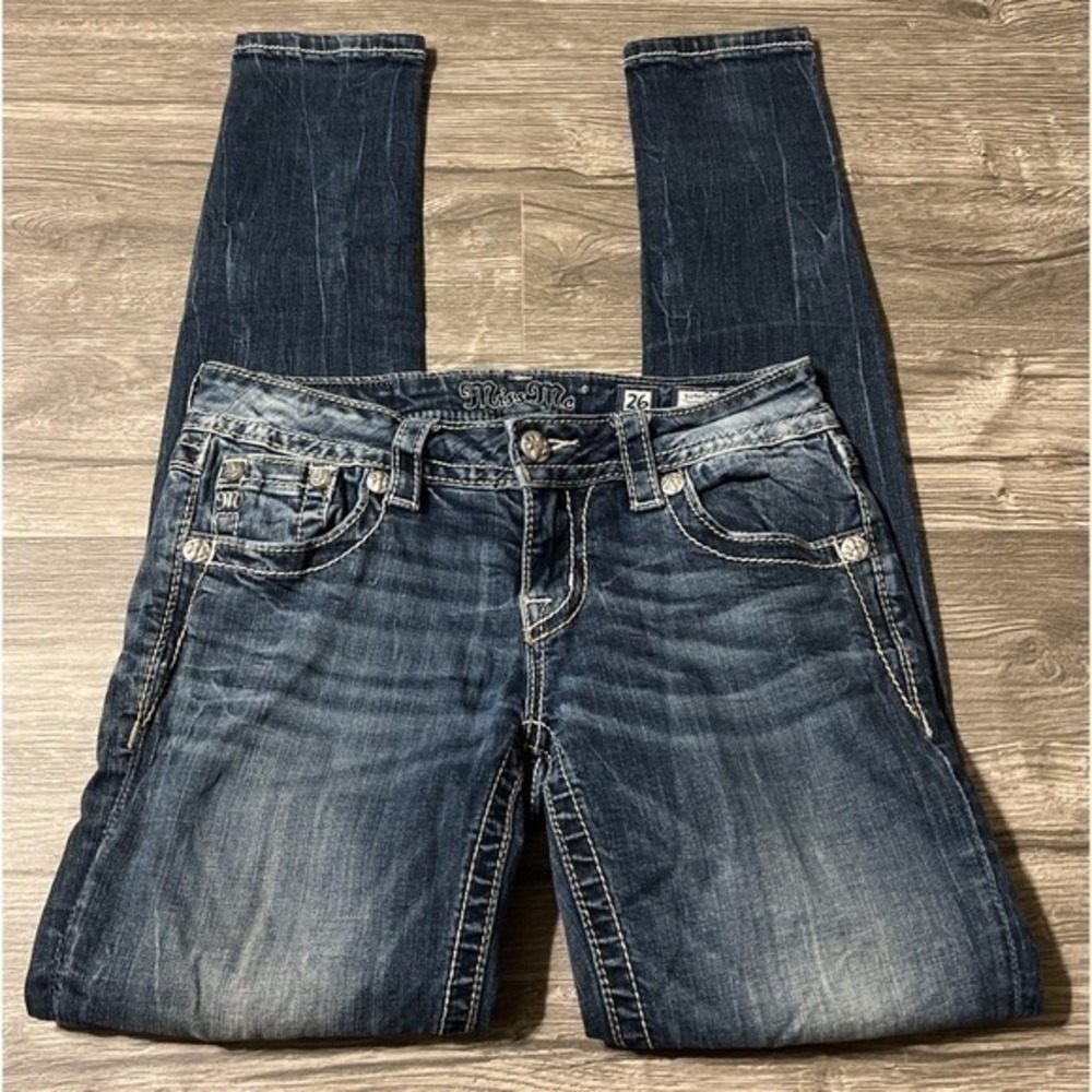 Miss Me Signature Embroidery Destroyed Pocket LowRise Skinny Jeans SZ 26 (28x31) - Picture 9 of 11
